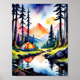 Nature Watercolor Sunset Mountain Sjö Camping Poster