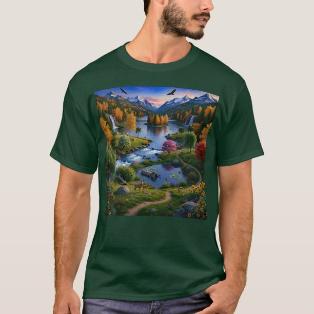 Nature Wilderness Scenery Mountains Waterfalls T Shirt (Framsida)