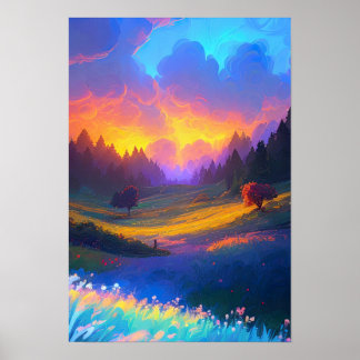 Naturens kanvas, Sunset Glow over Valley Poster