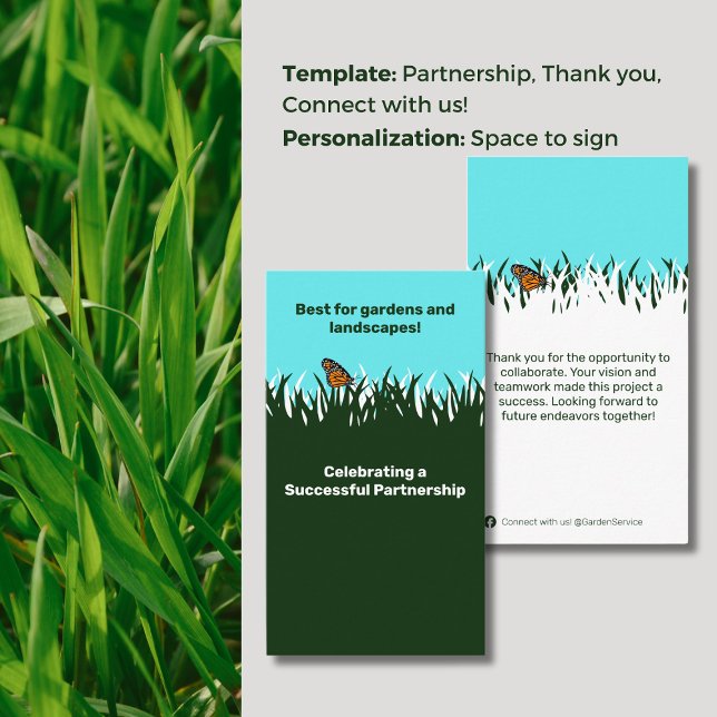 Naturens samarbete: Gräsmatta Butterfly Tack Visitkort (Nature's Collaboration: Lawn Butterfly Thank You Business Card, Space for Signature,Tagline, Connect)