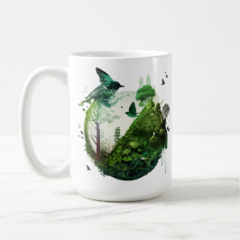 Nature's Symphony Vibrant Green Landscape wth Bird Kaffemugg
