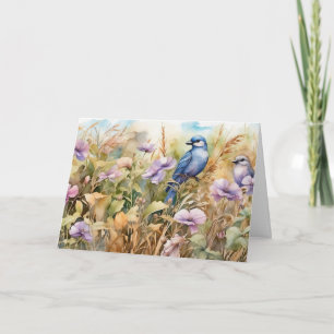 Naturillustration med fåglar och vilda blommor kort