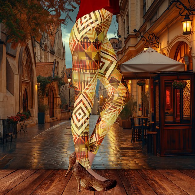 Naturinspirerad Abstrakt Geometric Mönster Leggings (Modern design leggings showing a nature inspired geometric pattern in a variety of warm fall colors)