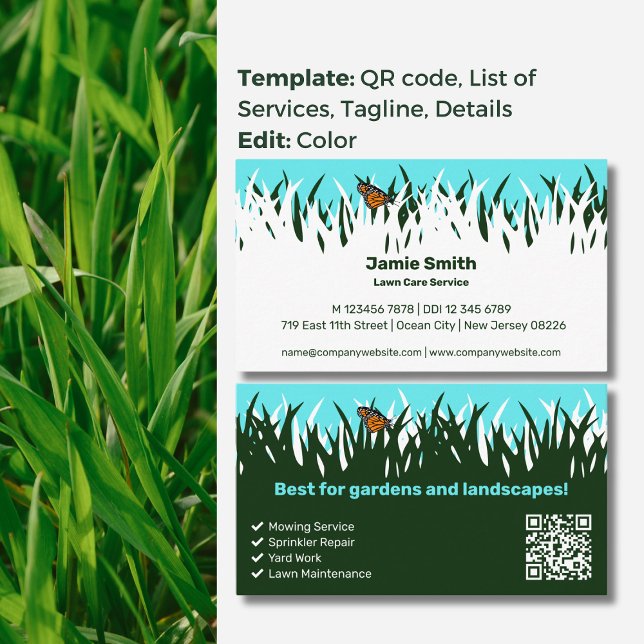 Naturinspirerad arvsmassa med fjäril: Gräsmatta Visitkort (Nature-Inspired Elegance with Butterfly: Lawn Care Business Card, Service List, QR code, Tagline)