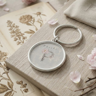 Naturinspirerad Phoebe Peony P Monogram Design Rund Silverfärgad Nyckelring