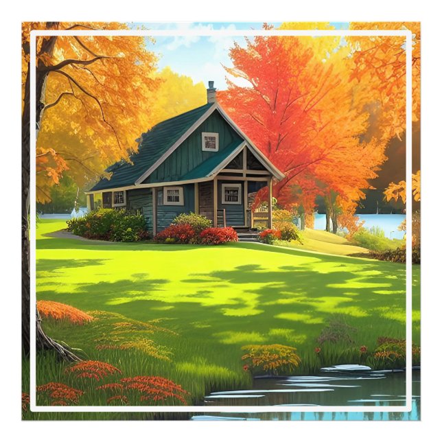 Naturlandskap med Sjö och bebyggelse Fototryck (Framsidan)