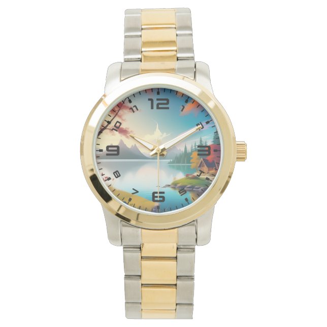 Naturlandskap med Sjö och stuga Armbandsur (Framsida)