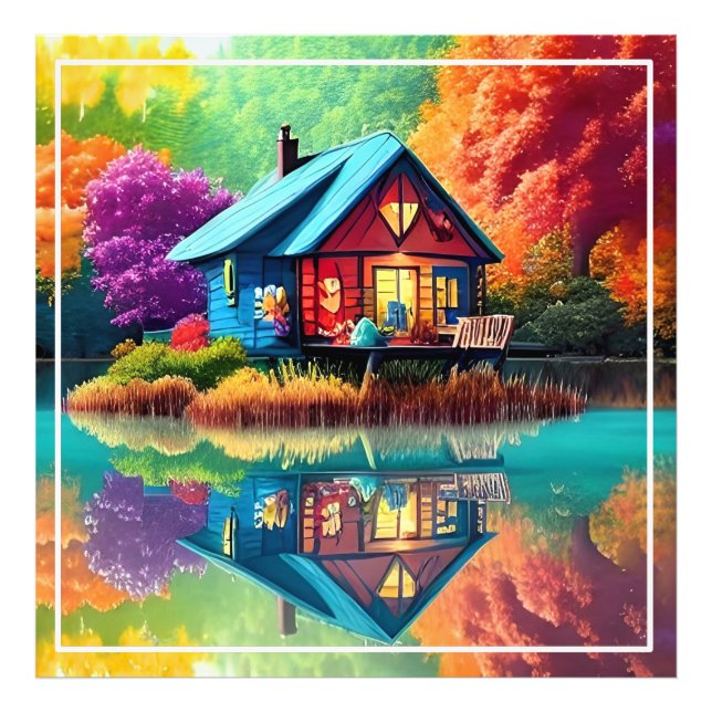 Naturlandskap med Sjö, stuga, höst Fototryck (Framsidan)