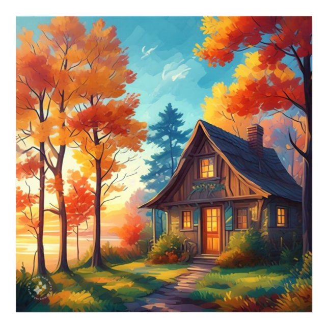 Naturlandskap med stuga i skogen fototryck (Framsidan)