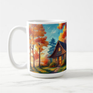 Naturlandskap med stuga i skogen kaffemugg