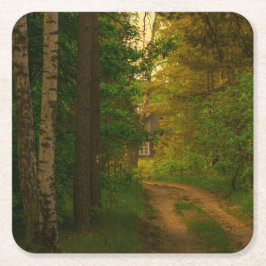 Naturlandskapslandskapet Forest Hut Village Underlägg Papper Kvadrat