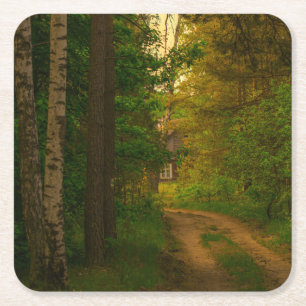 Naturlandskapslandskapet Forest Hut Village Underlägg Papper Kvadrat