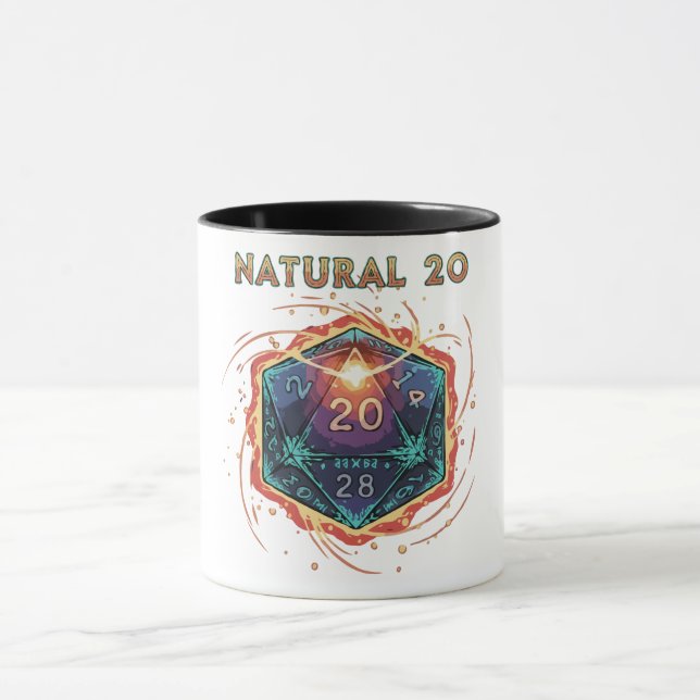 Naturlig 20 Flammande D20 Tärningar | Episk D&D Kr Mugg (Center)