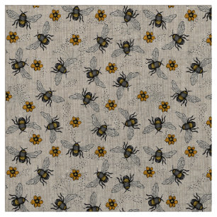 Naturlig Blommigt av Linen Rustic Illustrated Honu Tyg