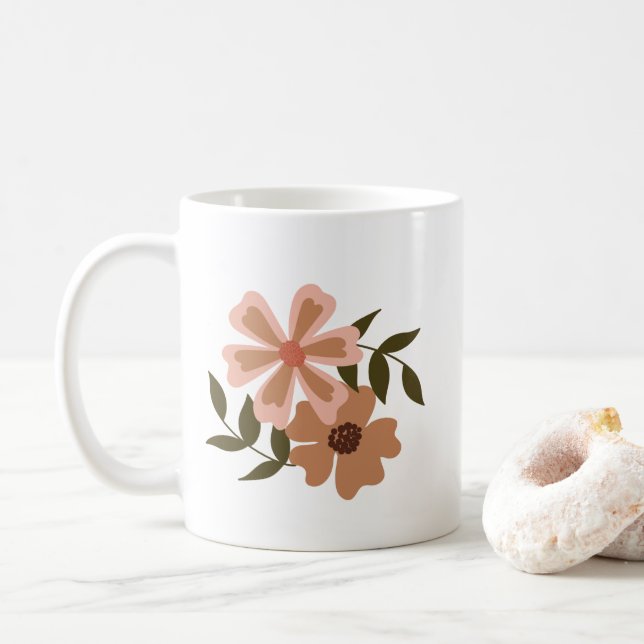 Naturlig Blommigt Peach Brown Motif Grönt Vines Kaffemugg (Med munk)