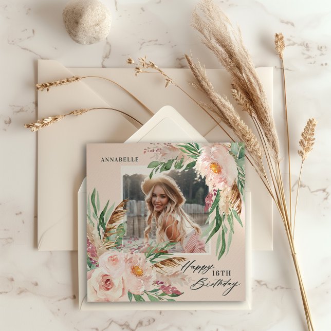 Naturlig Boho flickaktig modern blomfotofödelsedag Inbjudningar (Skapare uppladdad)