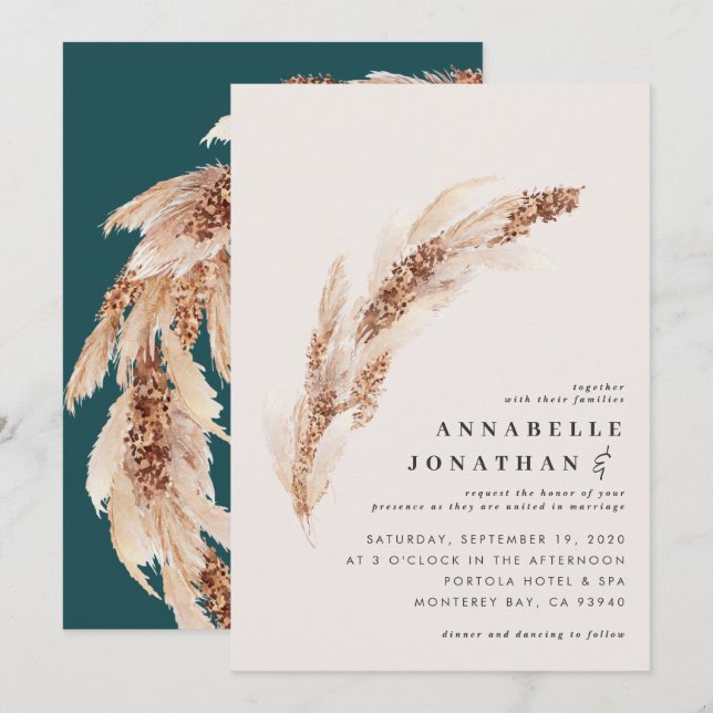Naturlig boho teal pampas (elegant bröllop) (Fram/baksida)