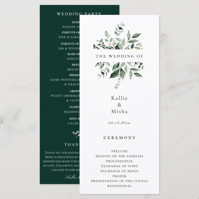 Naturlig Botanisk Grönska Bröllopsprogram Program (Fram/baksida)