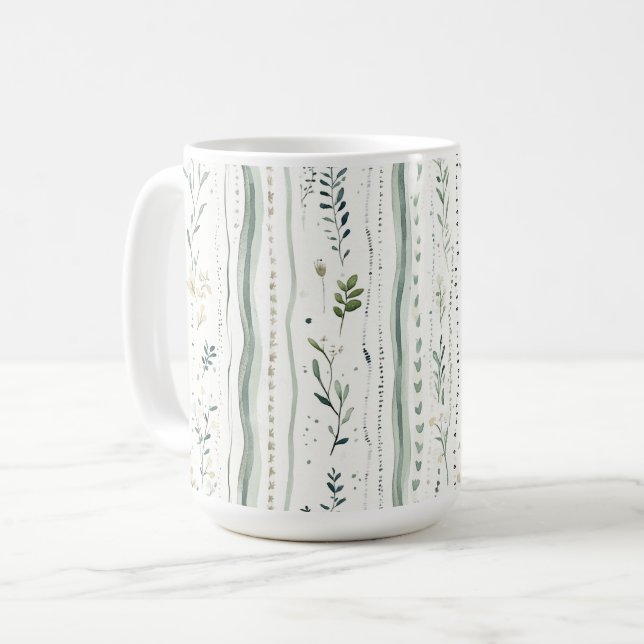Naturlig Grön Vit Blommig Blad Abstrakt Kaffemugg (Framsida vänster)