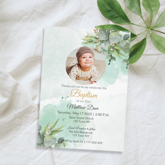 Naturlig Grönt Lämnar med Photo Baptism-inbjudan Inbjudningar (Natural Green Leaves with Photo Baptism Invitation)