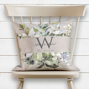 Naturlig Neutralt Greenery Monogram Bröllop Keepsa Kudde