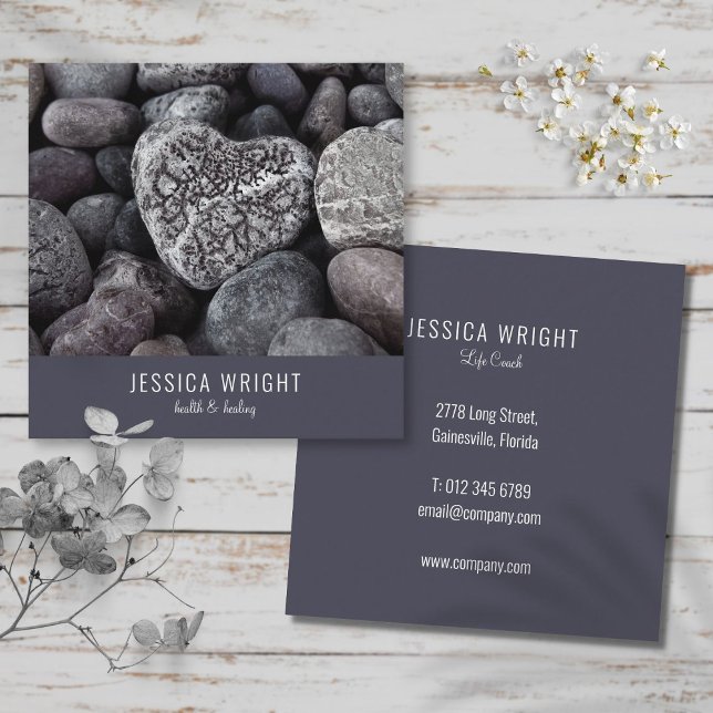 Naturlig persiko-pebble Heart Fyrkantigt Visitkort (Natural Beach Pebble Heart Square Business Card)