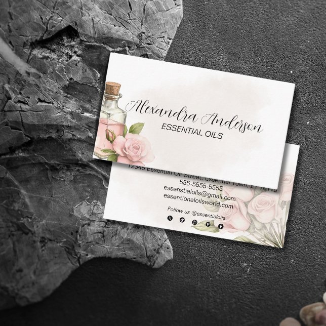 Naturlig Ro Essential Oils Watercolor Blommigt Visitkort (Natural Rose Essential Oils Watercolor Floral Business Card)