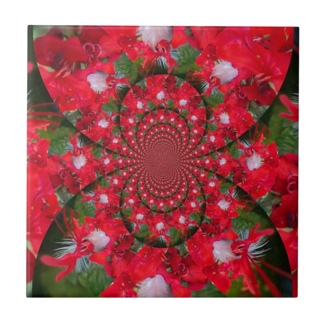 Naturlig rödblommvit leather kaleidoskop art kakelplatta (Framsidan)