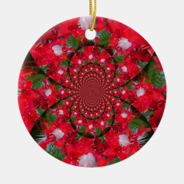 Naturlig rödblommvit ludd Kaleidoscope Art Julgransprydnad Keramik (Framsidan)