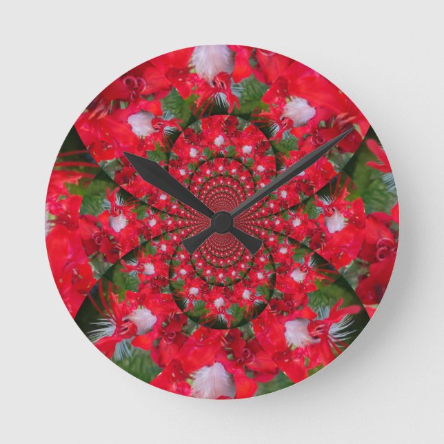 Naturlig rödblommvit ludd Kaleidoscope Art Rund Klocka (Framsida)