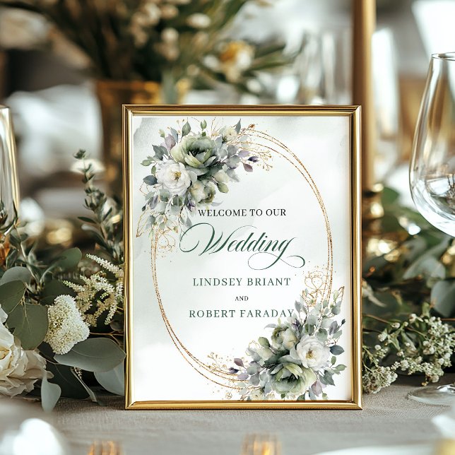 Naturlig Salviagrön Grönska Bröllops Välkomstskylt Poster (Natural Sage Green Greenery Wedding Welcome Sign)