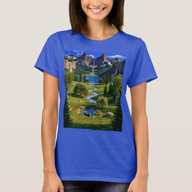 Naturlig scen berg vattenfall sjö bäck damm t shirt (Framsida)