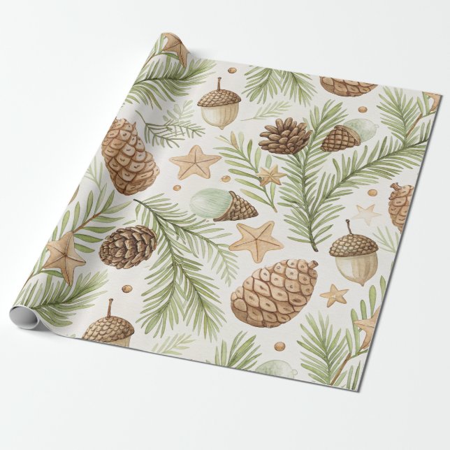 Naturlig Ständigt Grön Tallkotte Guldbrun Presentpapper (Utrullad)