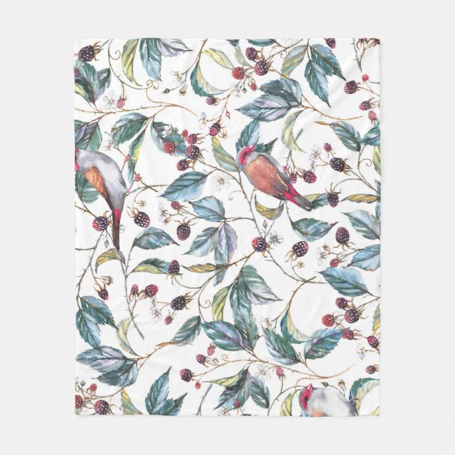 Naturlig vattenfärg mönster: björnbär, fåglar, f fleecefilt (Framsidan)