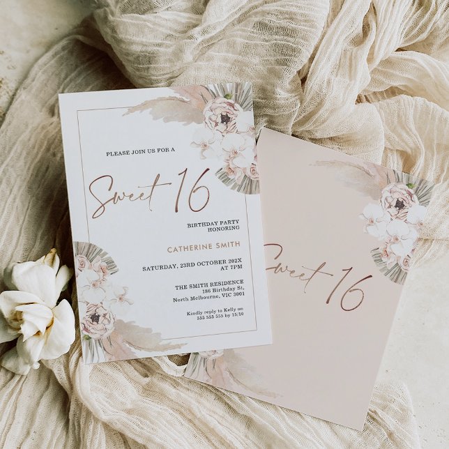 Naturliga tonar Boho Pampas Grass Sweet 16 Birthda Inbjudningar (Skapare uppladdad)