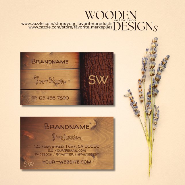 Naturliga träskivor Träd Bark Monogram Visitkort (Skapare uppladdad)