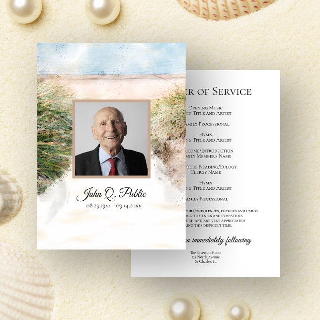 Naturligt Beach Watercolor Funeral Service Memoria Program (Skapare uppladdad)
