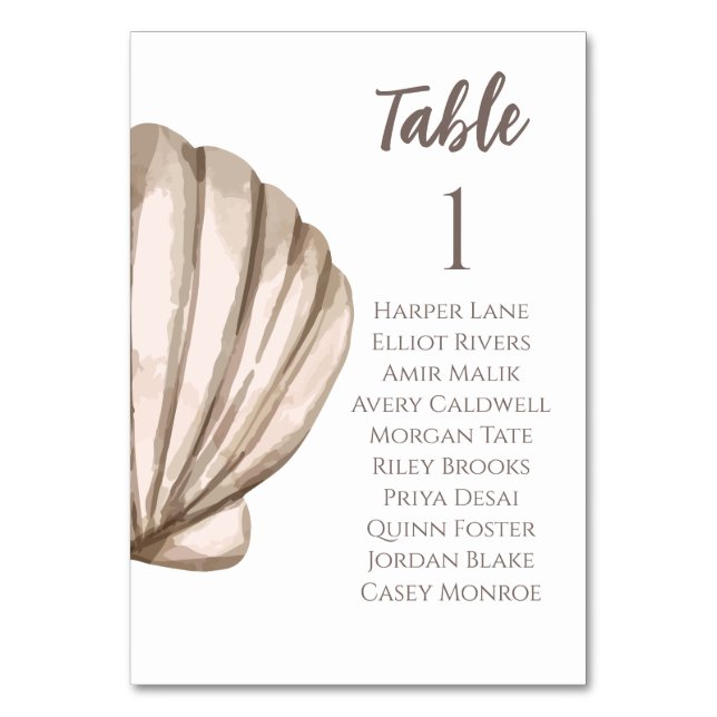 Naturligt Elegant Beach Seashell Bord Card Bordsnummer (Framsidan)