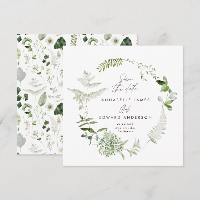 Naturligt elegant, modernt botaniskt manus bröllop spara datumet (Fram/baksida)