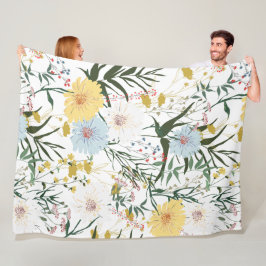 Naturligt elfenben och blått blommigt l Vit vatten Fleecefilt