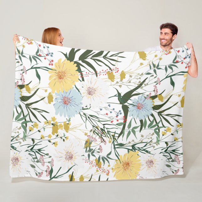 Naturligt elfenben och blått blommigt l Vit vatten Fleecefilt (På plats)