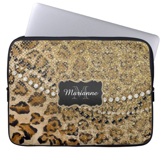 Naturligt i Guld Leopard Animal Print Glitter look Laptop Sleeve (Framsidan)