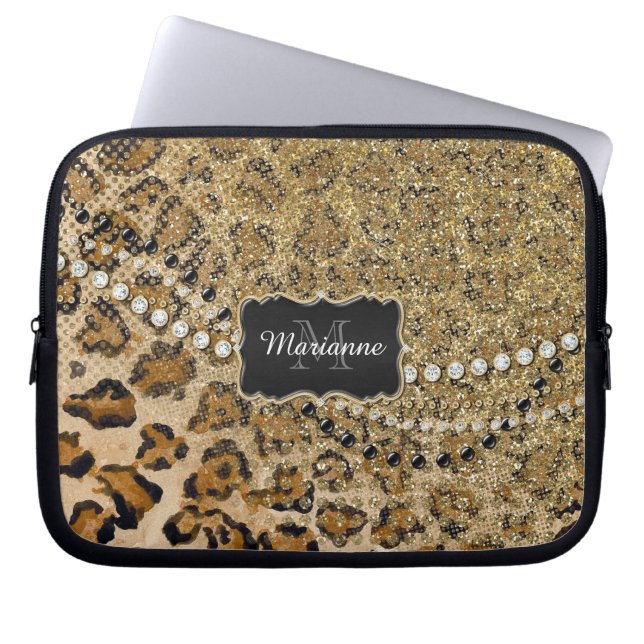 Naturligt i Guld Leopard Animal Print Glitter look Laptop Sleeve (Framsidan)
