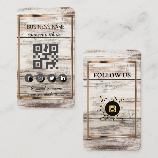 Naturligt trä stil-Social Media QR-kod Visitkort (Fram/baksida)