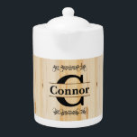 Naturligt träutslag i blocket med Monogram Faux Bu<br><div class="desc">🥇 EN ORIGINAL COPYRIGHT ART DESIGN AV Donna Siegrist, ENDAST TILLGÄNGLIG PÅ ZAZZLE! Tekanna. Med ett Monogram Faux Butcher Block Natural Wood-utseende. En charmerande accent att lägga till i ditt hem eller i ge för en gåva till husuppvärmningen. 📌 Om du behöver anpassa ytterligare klickar du på knappen "Klicka för...</div>