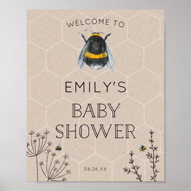 Naturligt välkomsttecken för Bee Baby Shower Poster (Framsidan)