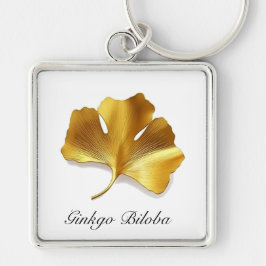 Naturliv: Golden Ginkgo Biloba löv Fyrkantig Silverfärgad Nyckelring
