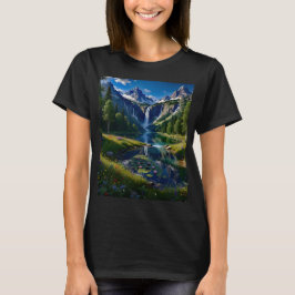 Naturscen Berg Vattenfall Sjö Pond Träd T Shirt