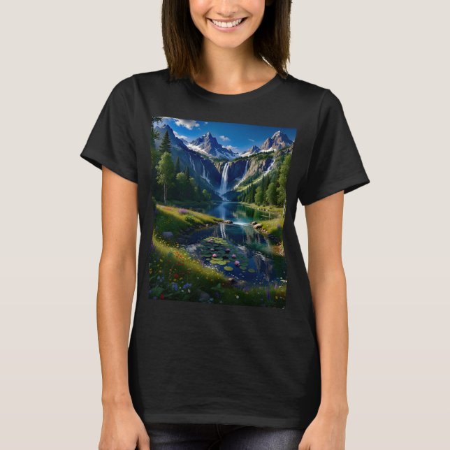 Naturscen Berg Vattenfall Sjö Pond Träd  T Shirt (Framsida)