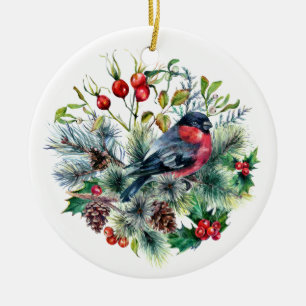 Naturtemat Bullfinch Gräs Grenar Gräs Cones Julgransprydnad Keramik